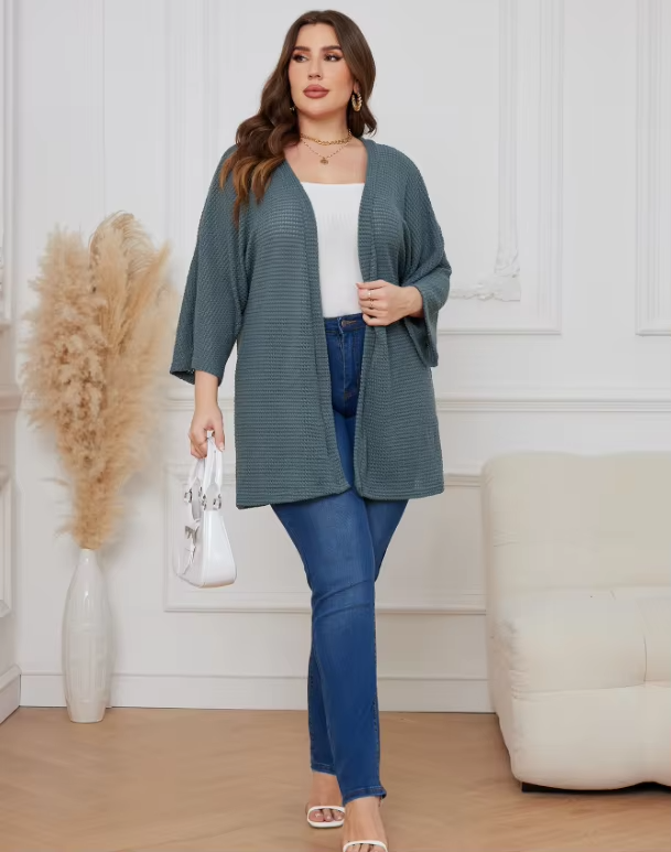 Oversized casual cardigan, women's plus size waffle knit cardigan with three-quarter length sleeves