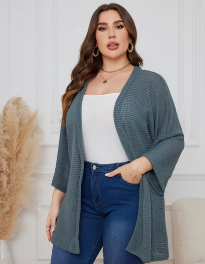 Oversized casual cardigan, women's plus size waffle knit cardigan with three-quarter length sleeves