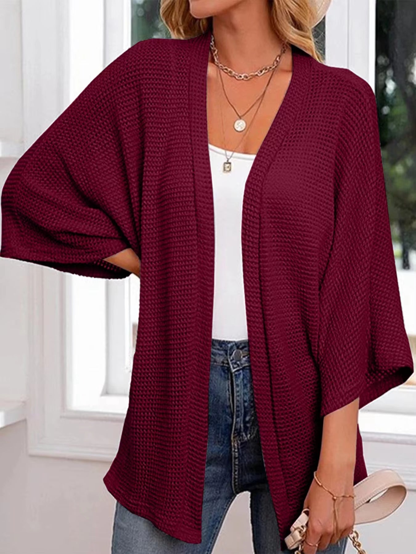 Oversized casual cardigan, women's plus size waffle knit cardigan with three-quarter length sleeves