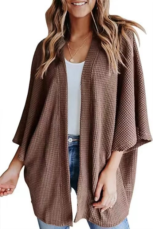 Oversized casual cardigan, women's plus size waffle knit cardigan with three-quarter length sleeves