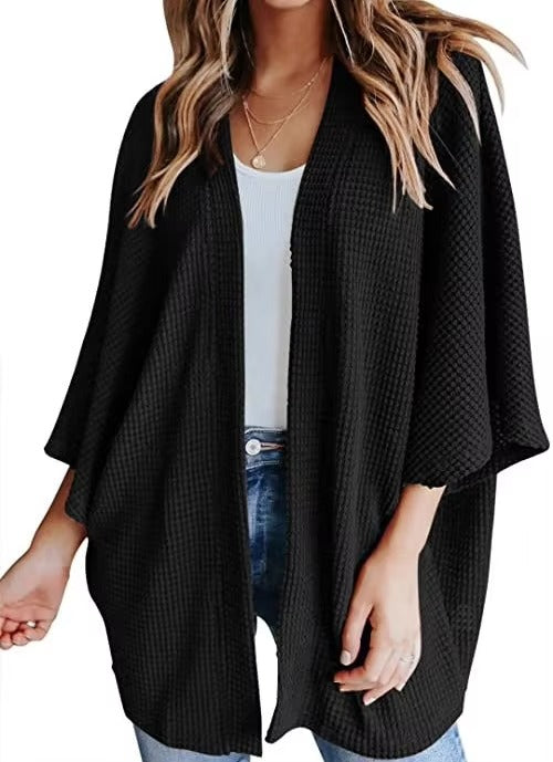 Oversized casual cardigan, women's plus size waffle knit cardigan with three-quarter length sleeves