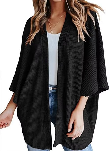 Oversized casual cardigan, women's plus size waffle knit cardigan with three-quarter length sleeves