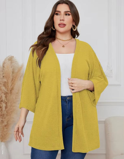 Oversized casual cardigan, women's plus size waffle knit cardigan with three-quarter length sleeves