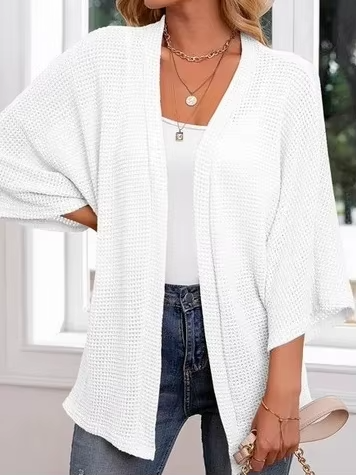 Oversized casual cardigan, women's plus size waffle knit cardigan with three-quarter length sleeves