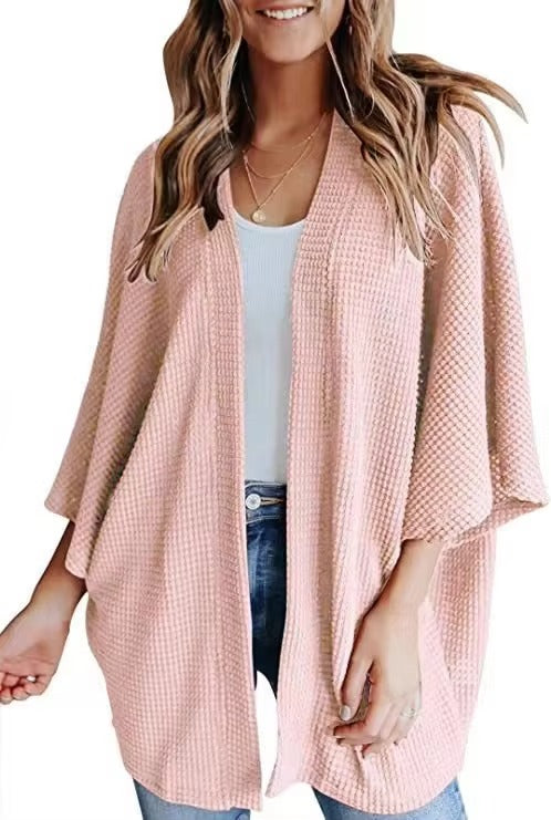 Oversized casual cardigan, women's plus size waffle knit cardigan with three-quarter length sleeves