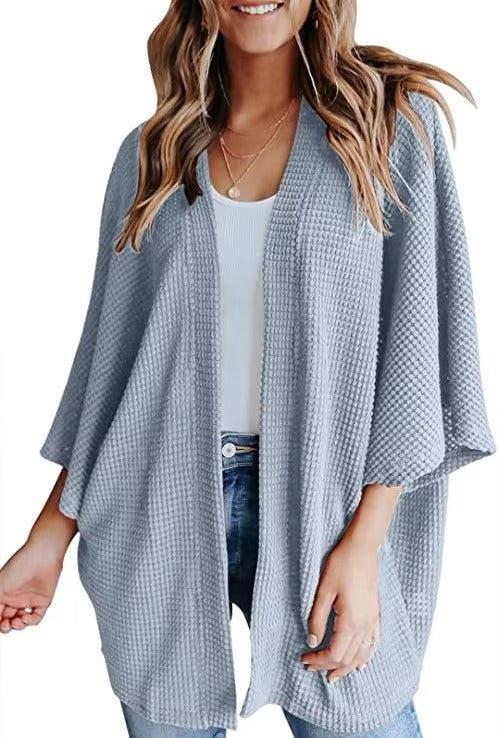 Oversized casual cardigan, women's plus size waffle knit cardigan with three-quarter length sleeves