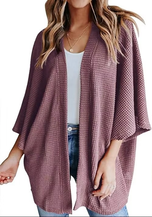 Oversized casual cardigan, women's plus size waffle knit cardigan with three-quarter length sleeves