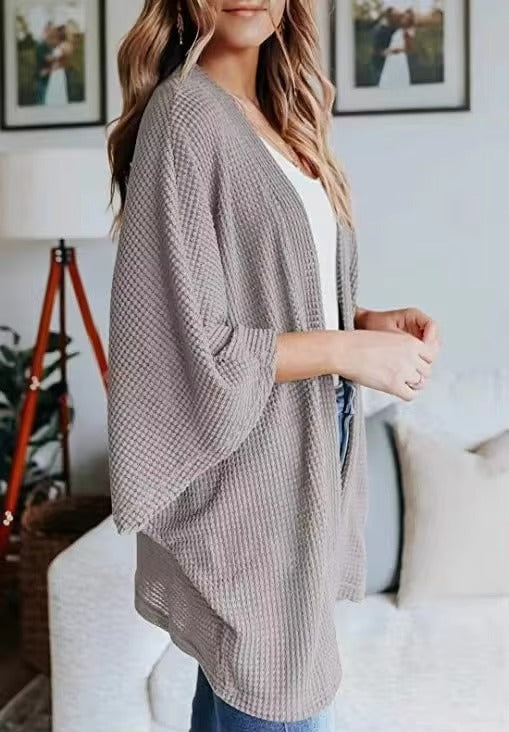 Oversized casual cardigan, women's plus size waffle knit cardigan with three-quarter length sleeves